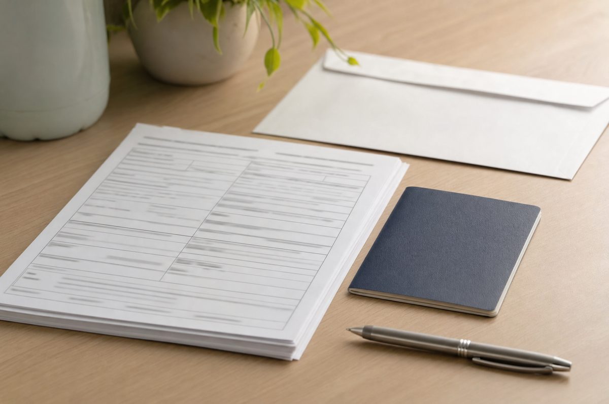 Formulario en blanco sobre un escritorio claro, junto a un sobre, una libreta azul y un bolígrafo.