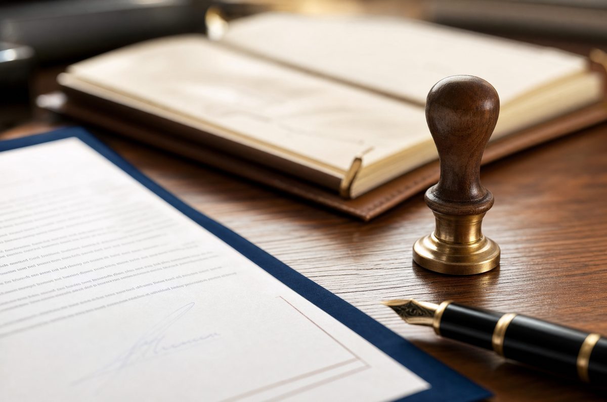 Documento firmado en una carpeta azul, con un sello de notario de madera y latón y una pluma.