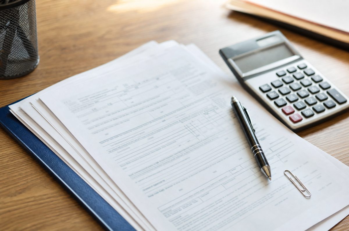 Formularios de impuestos en una carpeta azul, con una calculadora y un bolígrafo sobre el escritorio.